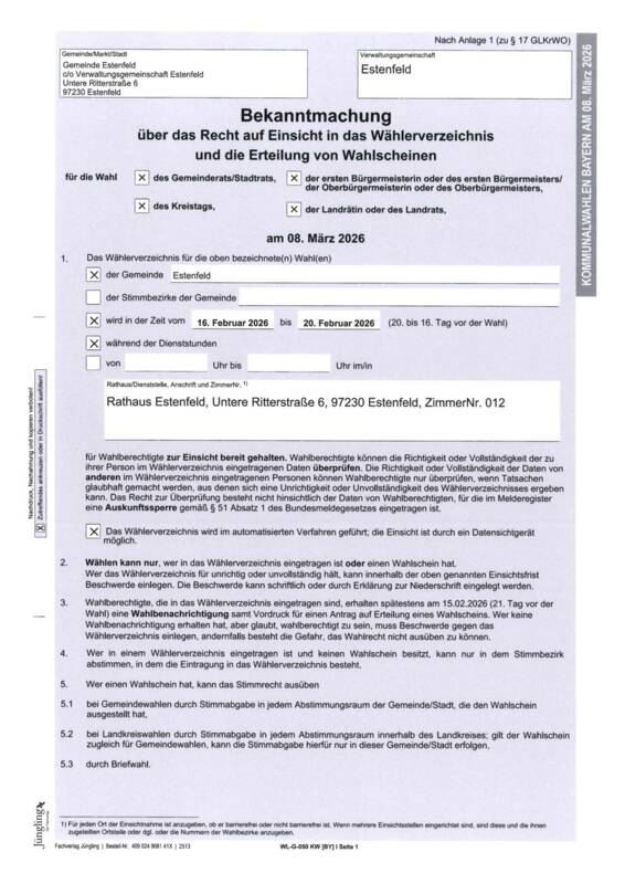  Bekanntmachung Recht auf Einsicht Wählerverzeichnis und Erteilung von Wahlscheinen