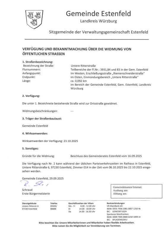 Verfügung und Bekanntmachung über die Widmung von öffentlichen Straßen