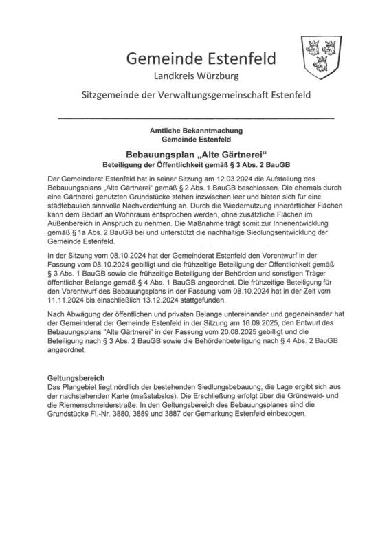 Bekanntmachung Bebauungsplan „Alte Gärtnerei Beteiligung der Öffentlichkeit gemäß § 3 Abs. 2 BauGB